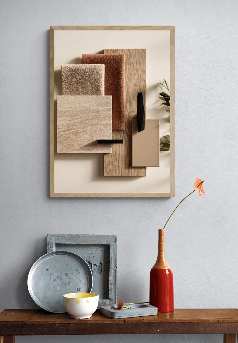 Neutral Geometric Collage Print. — room view 3