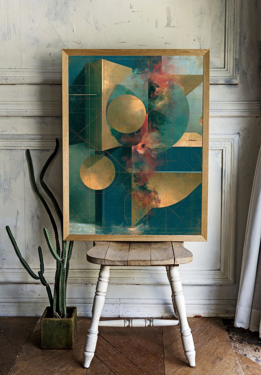 Geometric Teal Gold Abstract Poster. — room view 1