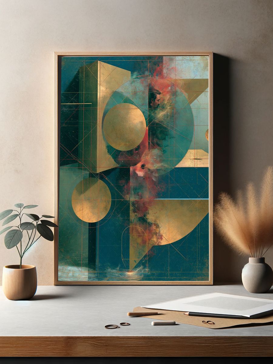 Geometric Teal Gold Abstract Poster. — room view 2