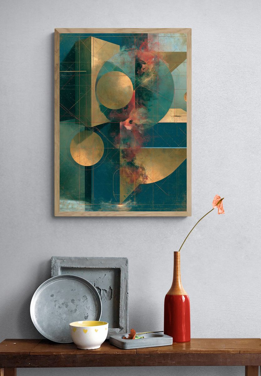 Geometric Teal Gold Abstract Poster. — room view 3
