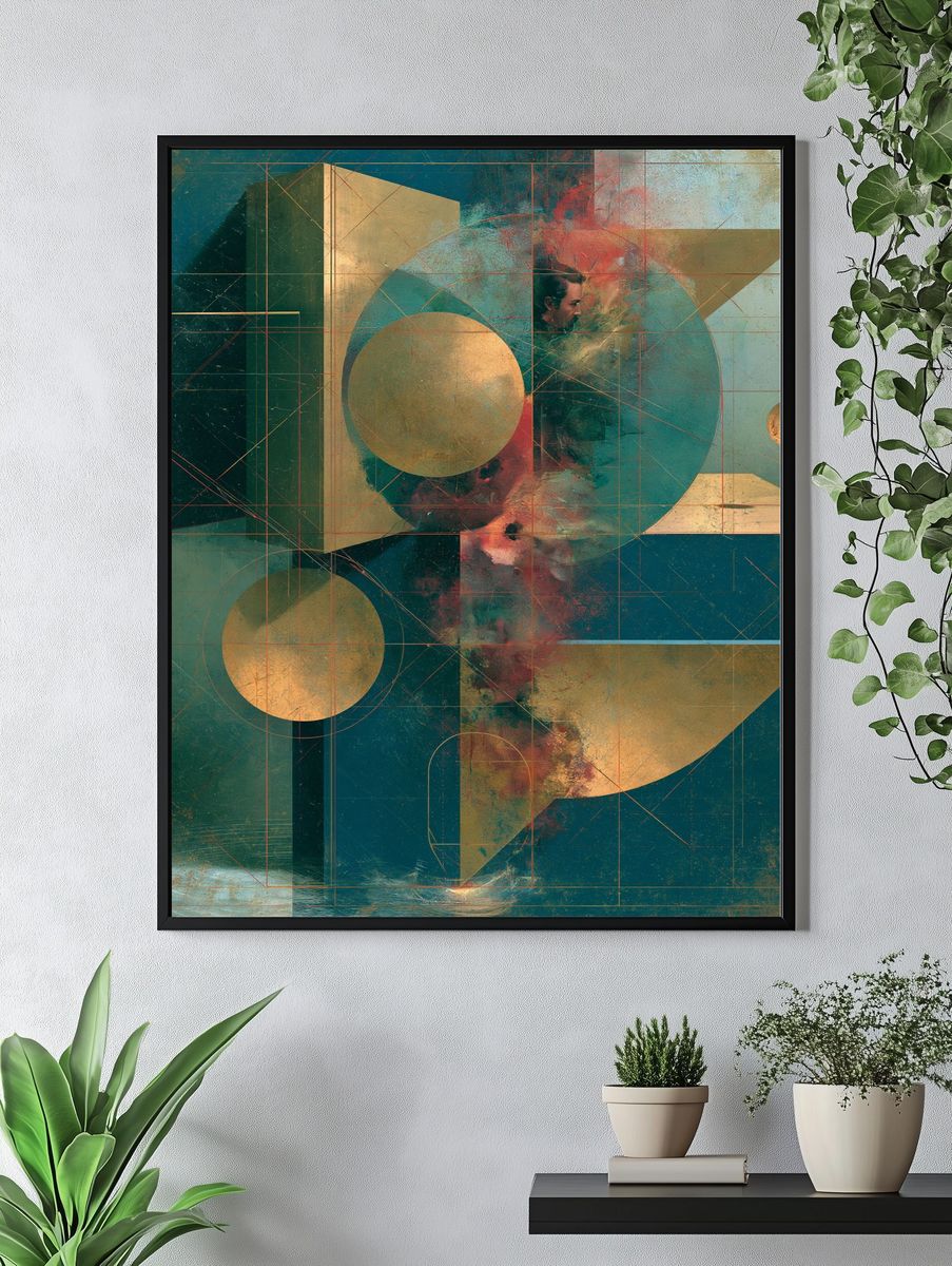 Geometric Teal Gold Abstract Poster. — room view 4