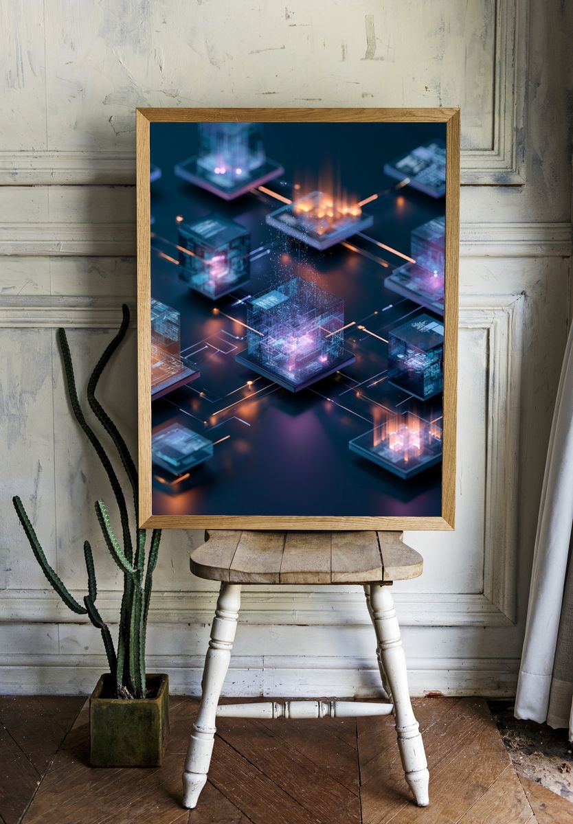 Futuristic Neon Cubes Abstract Poster. — room view 1