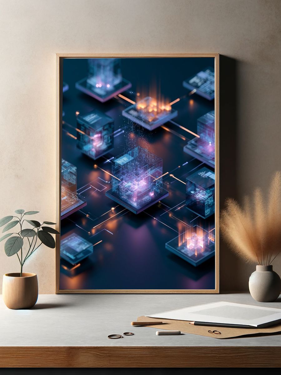 Futuristic Neon Cubes Abstract Poster. — room view 2