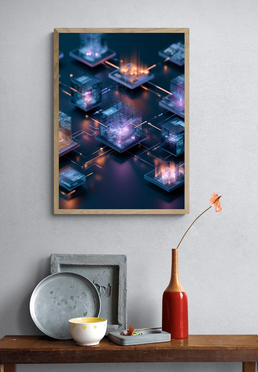 Futuristic Neon Cubes Abstract Poster. — room view 3