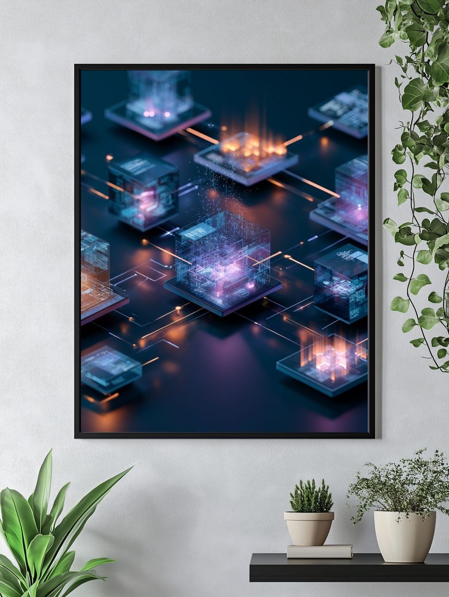 Futuristic Neon Cubes Abstract Poster. — room view 4