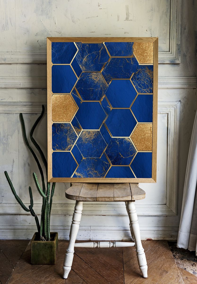 Blue Gold Hexagon Abstract Poster. — room view 1