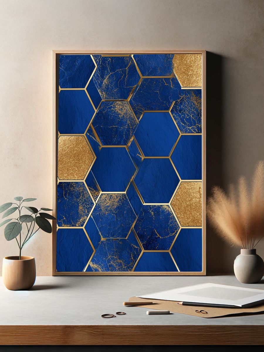 Blue Gold Hexagon Abstract Poster. — room view 2