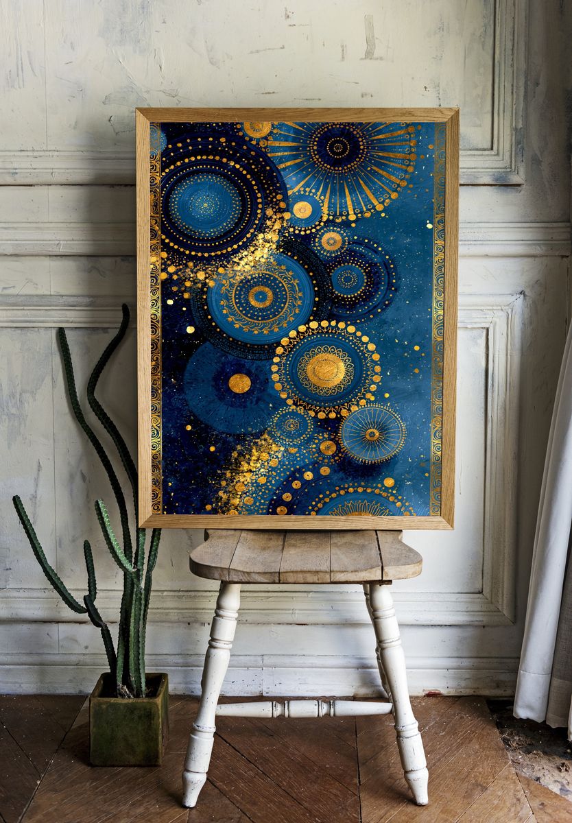Celestial Blue Gold Abstract Poster. room preview