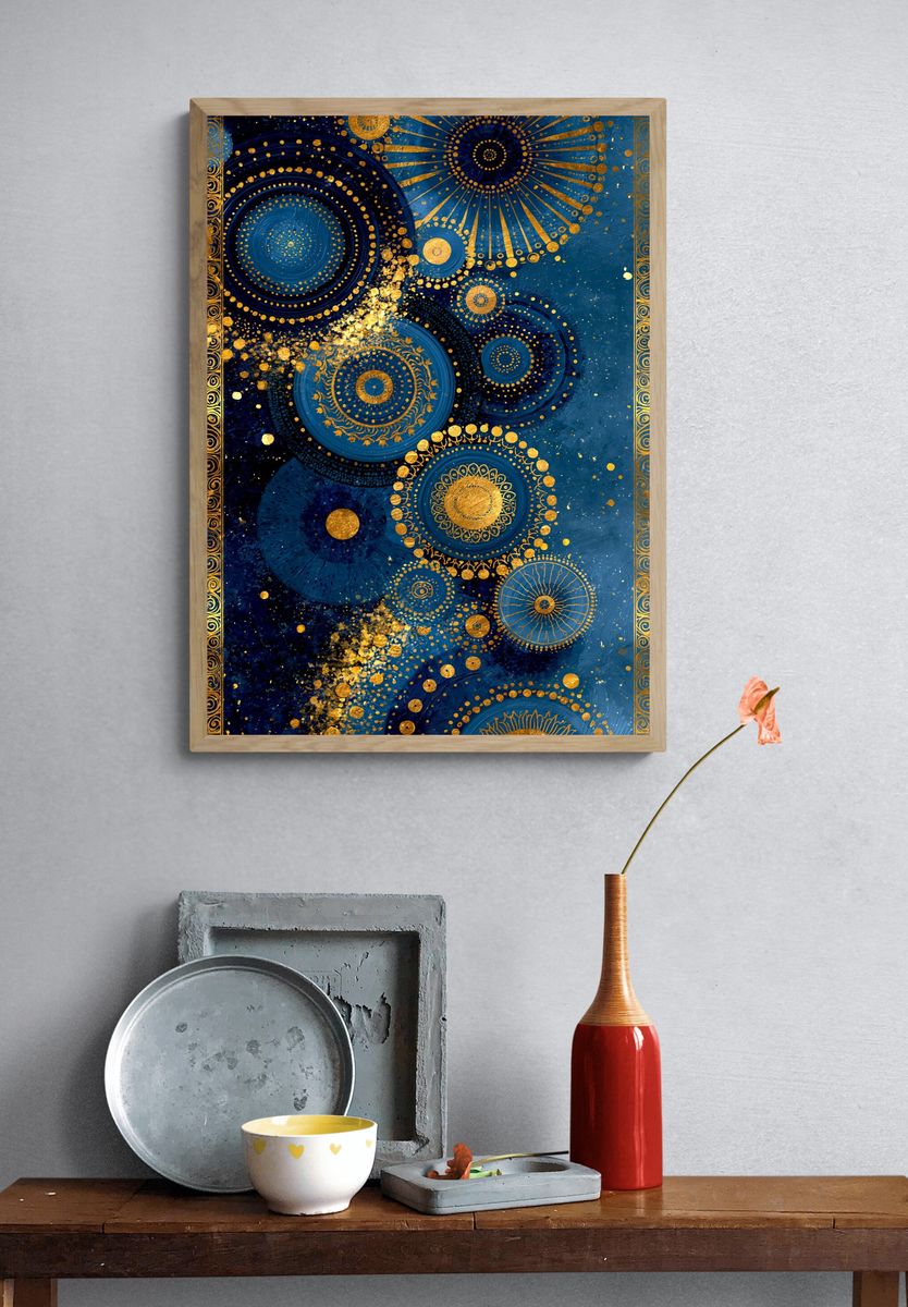 Celestial Blue Gold Abstract Poster. — room view 3