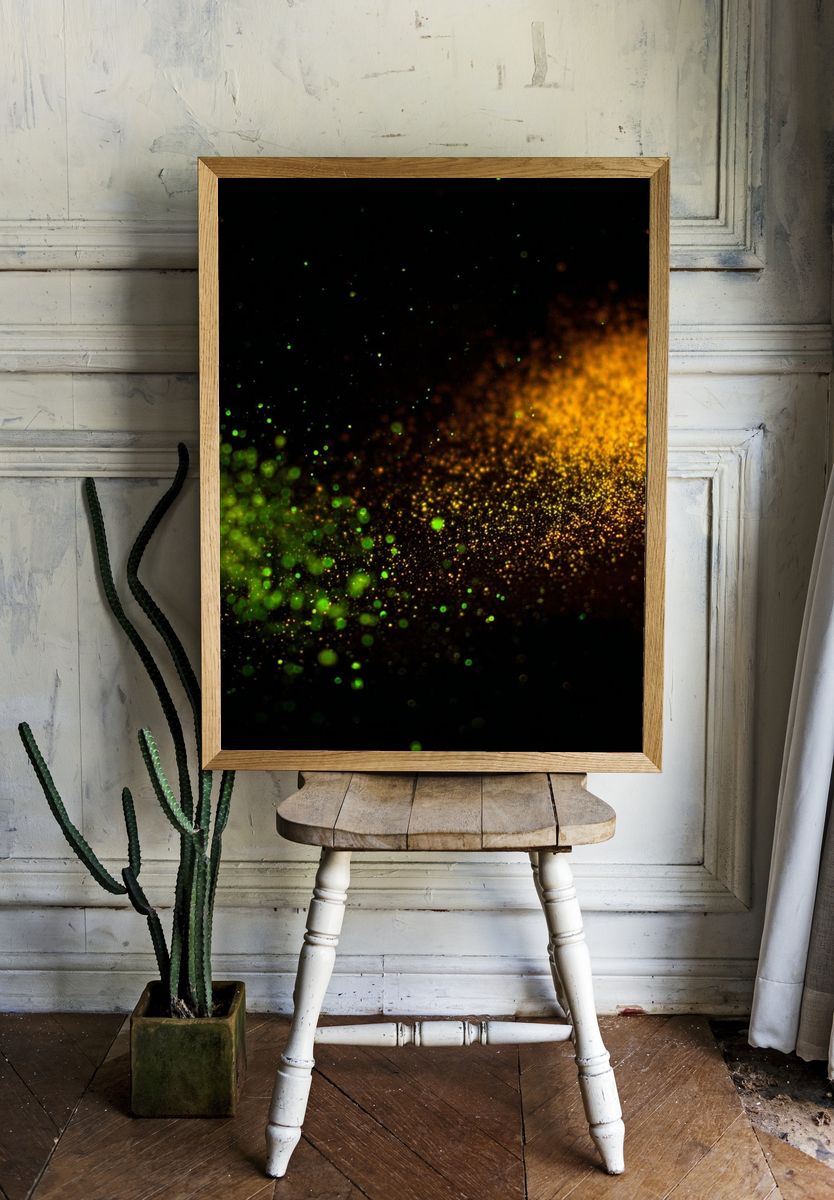 Green and Gold Particle Burst Poster. room preview
