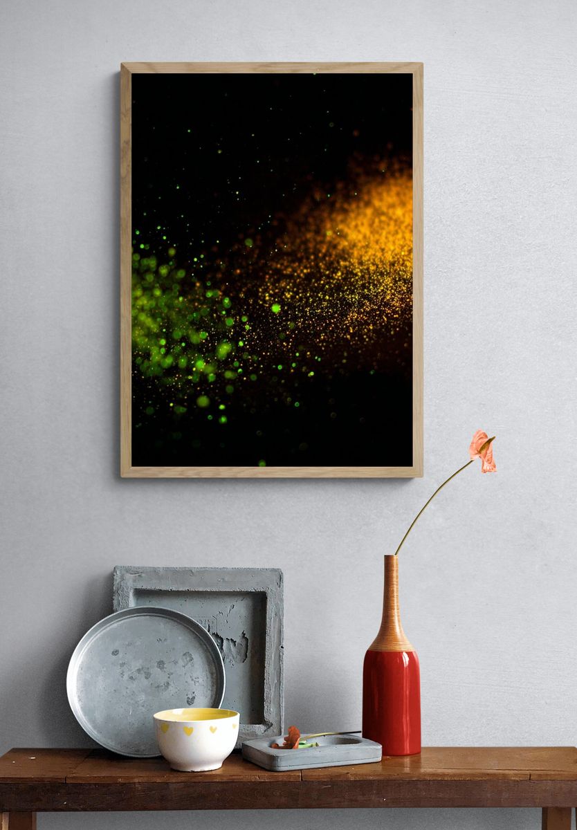 Green and Gold Particle Burst Poster. — room view 3