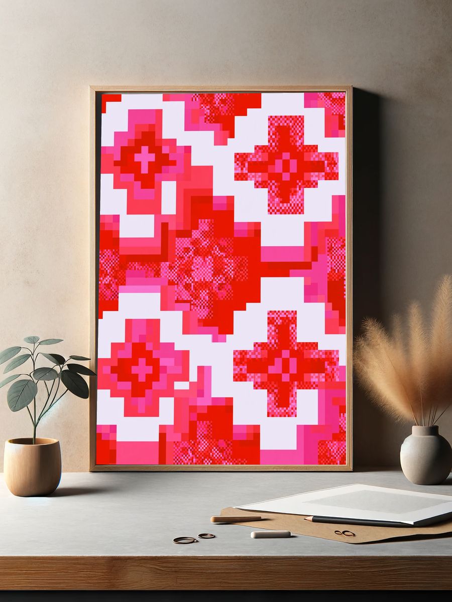 Pixel Cross Pattern Abstract Poster. — room view 2