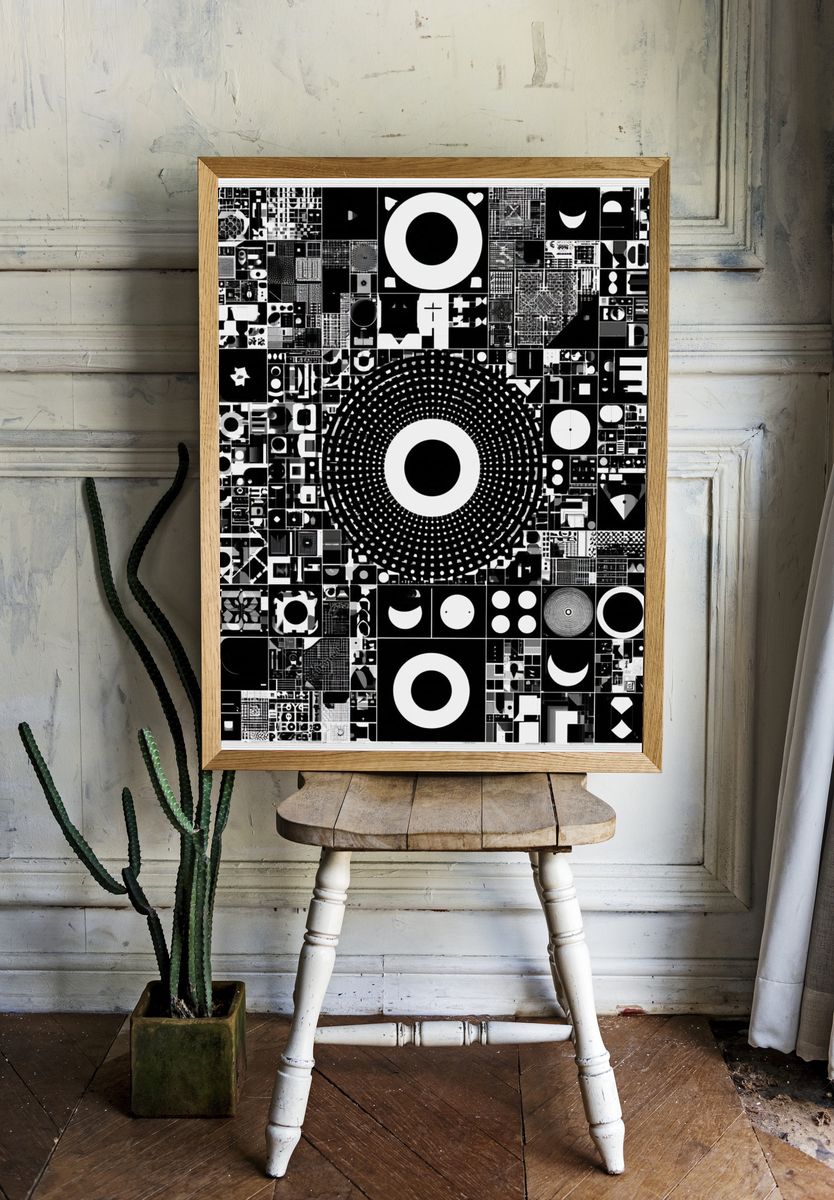 Monochrome Geometric Collage Poster. — room view 1