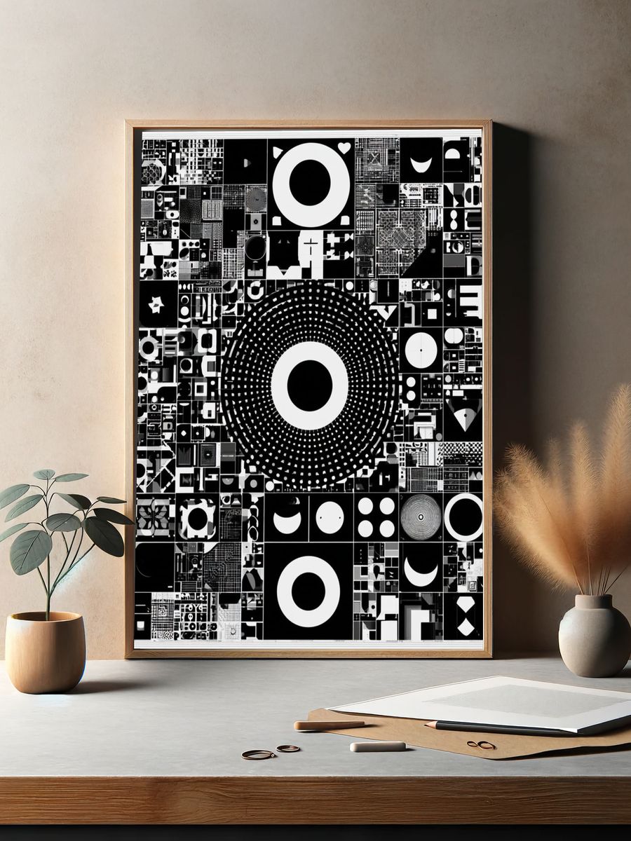 Monochrome Geometric Collage Poster. — room view 2