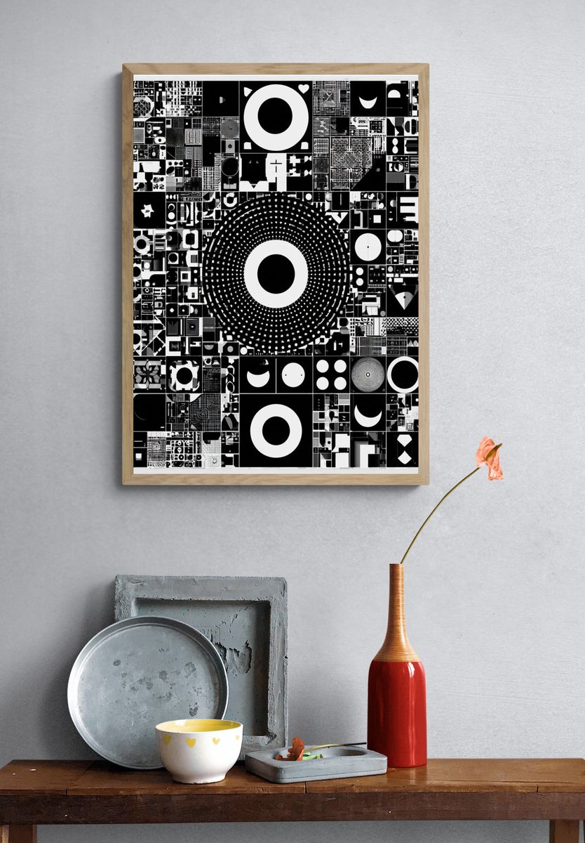 Monochrome Geometric Collage Poster. — room view 3