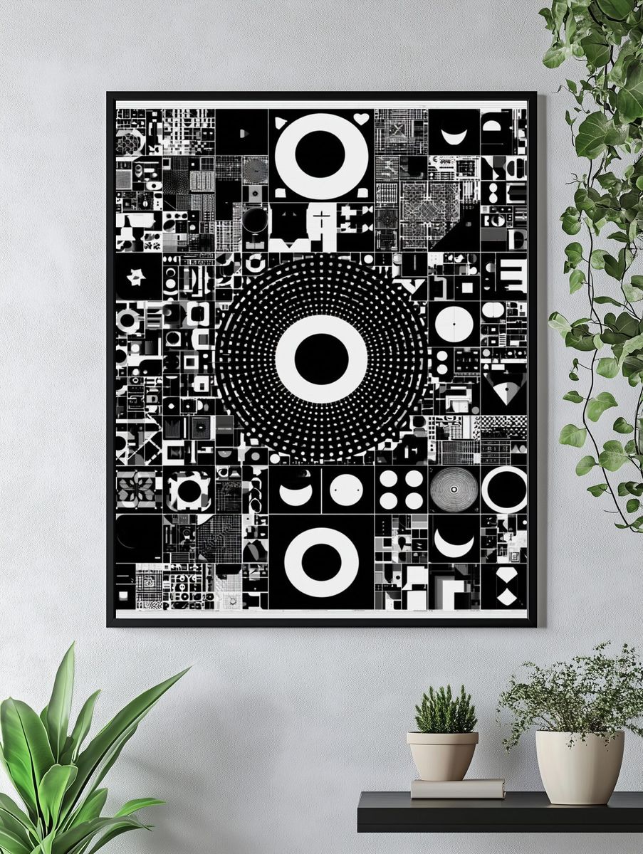 Monochrome Geometric Collage Poster. — room view 4