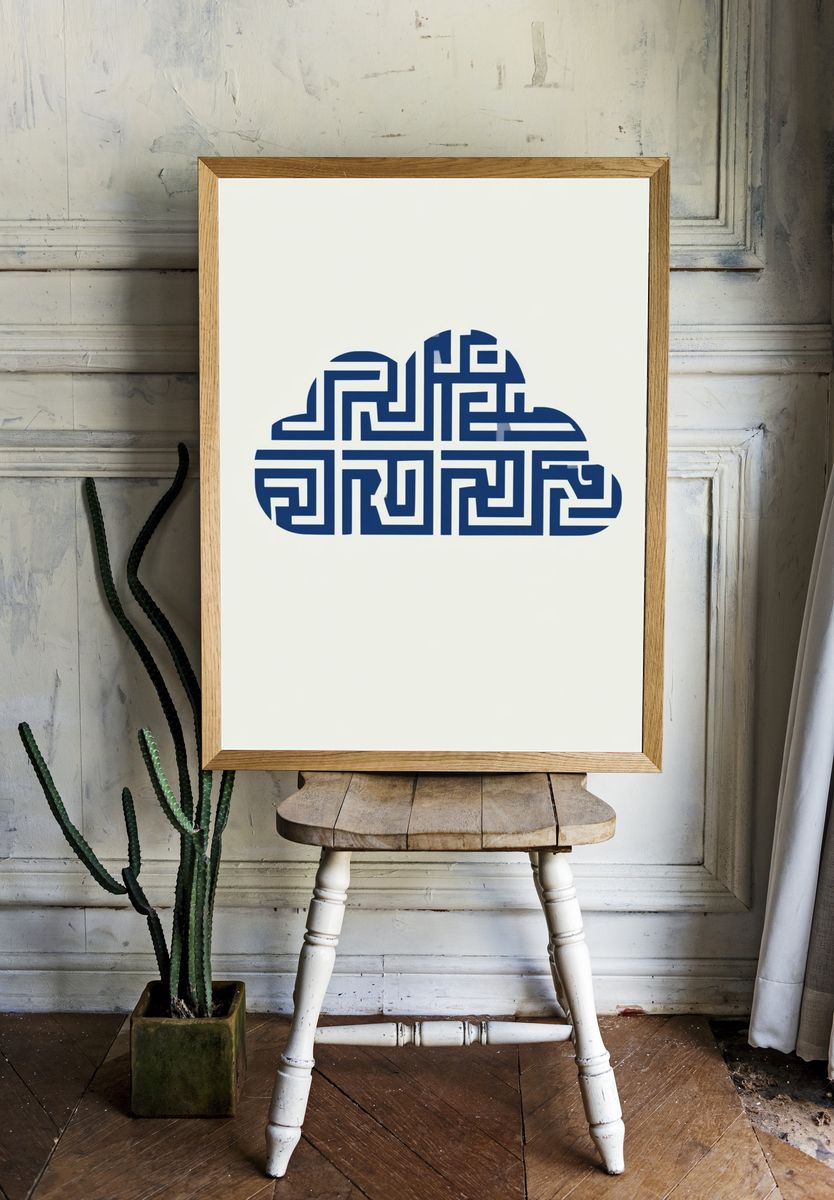 Blue Maze Cloud Abstract Print. room preview