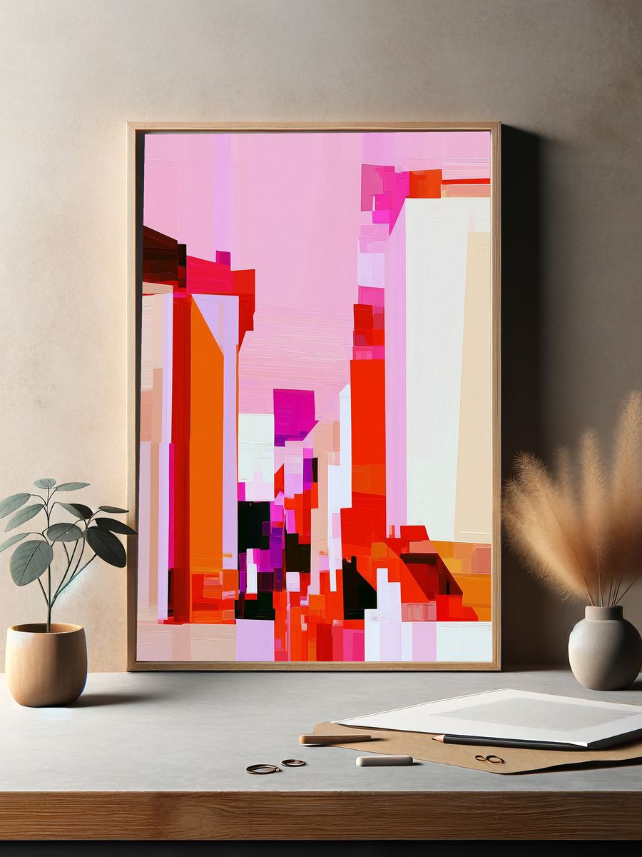 Pink City Blocks Abstract Poster. — room view 2