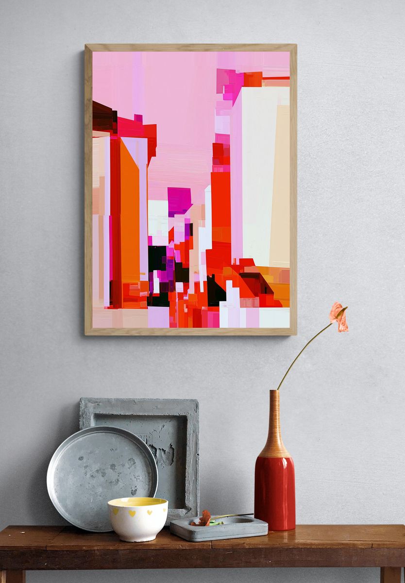 Pink City Blocks Abstract Poster. — room view 3