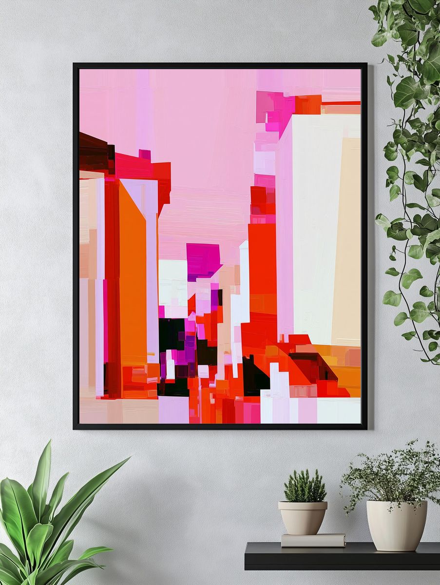 Pink City Blocks Abstract Poster. — room view 4