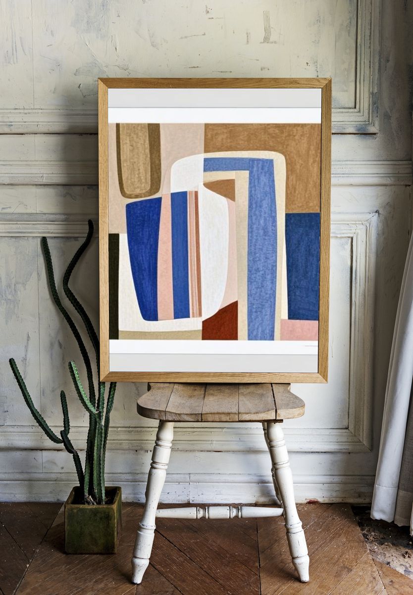 Geometric Blue and Beige Abstract Poster. room preview