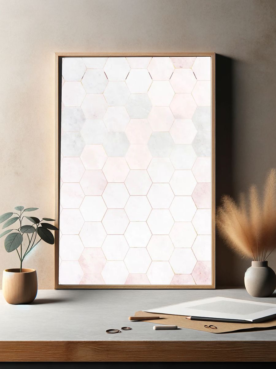 Hexagon pink marble tiles patterned. — room view 2