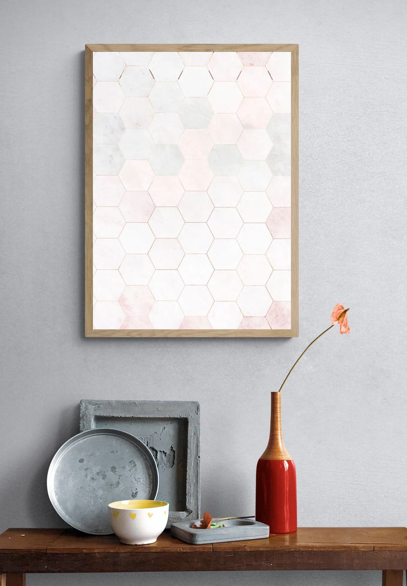 Hexagon pink marble tiles patterned. — room view 3