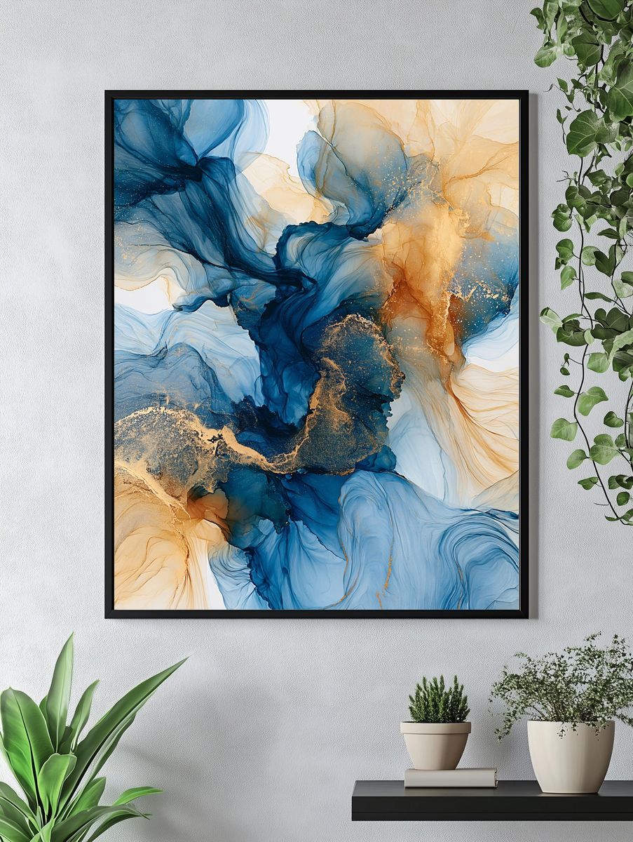 Blue and Gold Fluid Abstract Poster. — room view 4