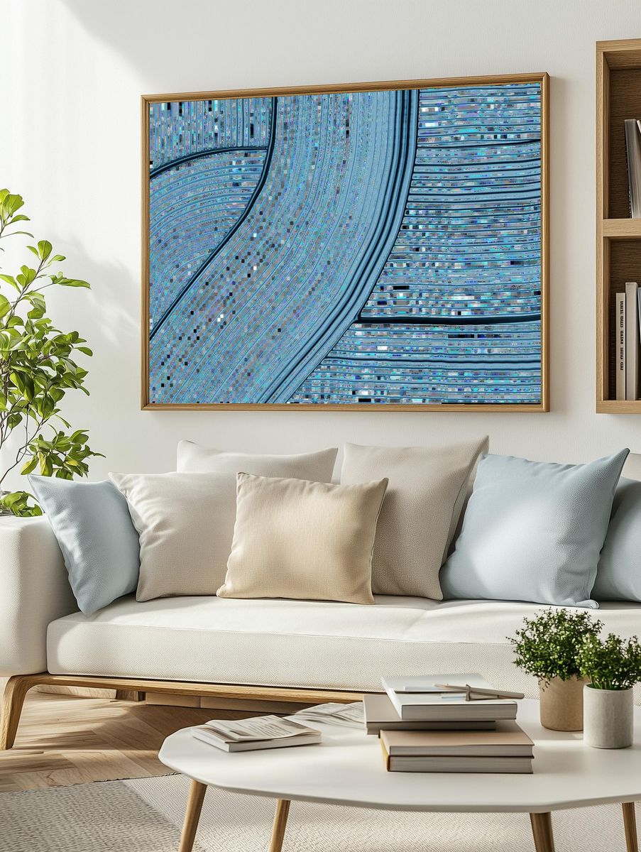 Blue Curved Lines Abstract Poster. — room view 2