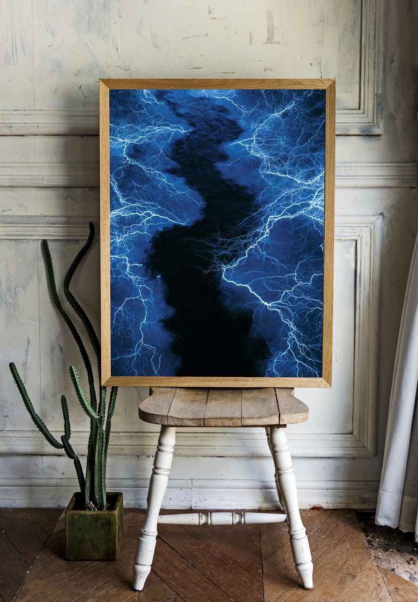 Electric Blue Lightning Abstract Poster. room preview