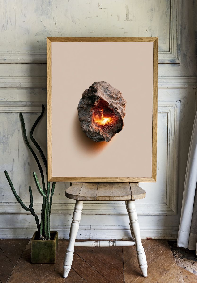 Glowing Ember Rock Minimalist Print. room preview