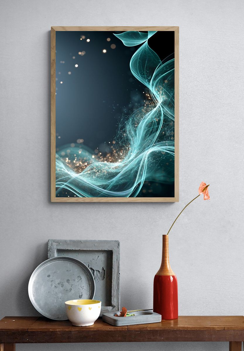 Aqua Light Waves Abstract Poster. — room view 3