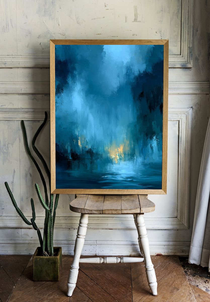 Blue Misty Canyon Abstract Print. room preview