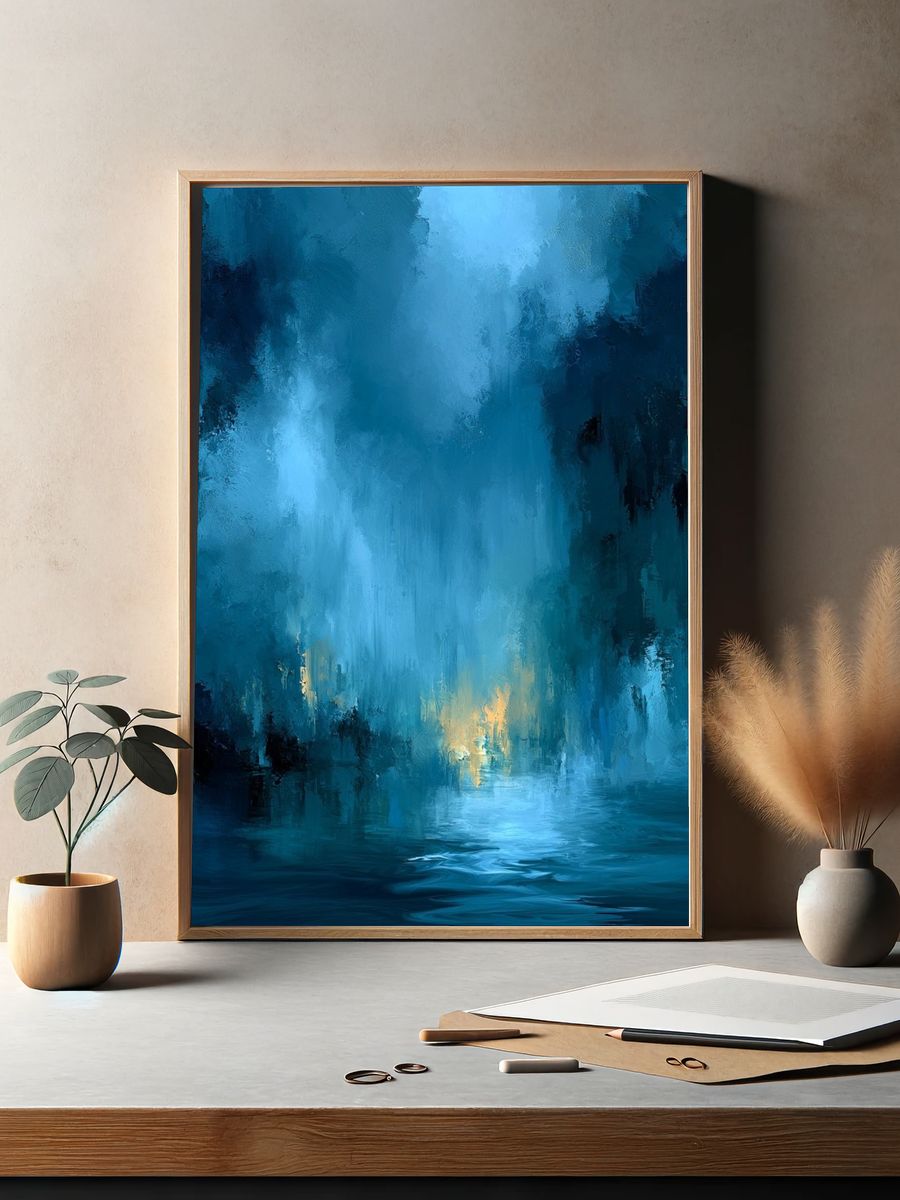 Blue Misty Canyon Abstract Print. — room view 2