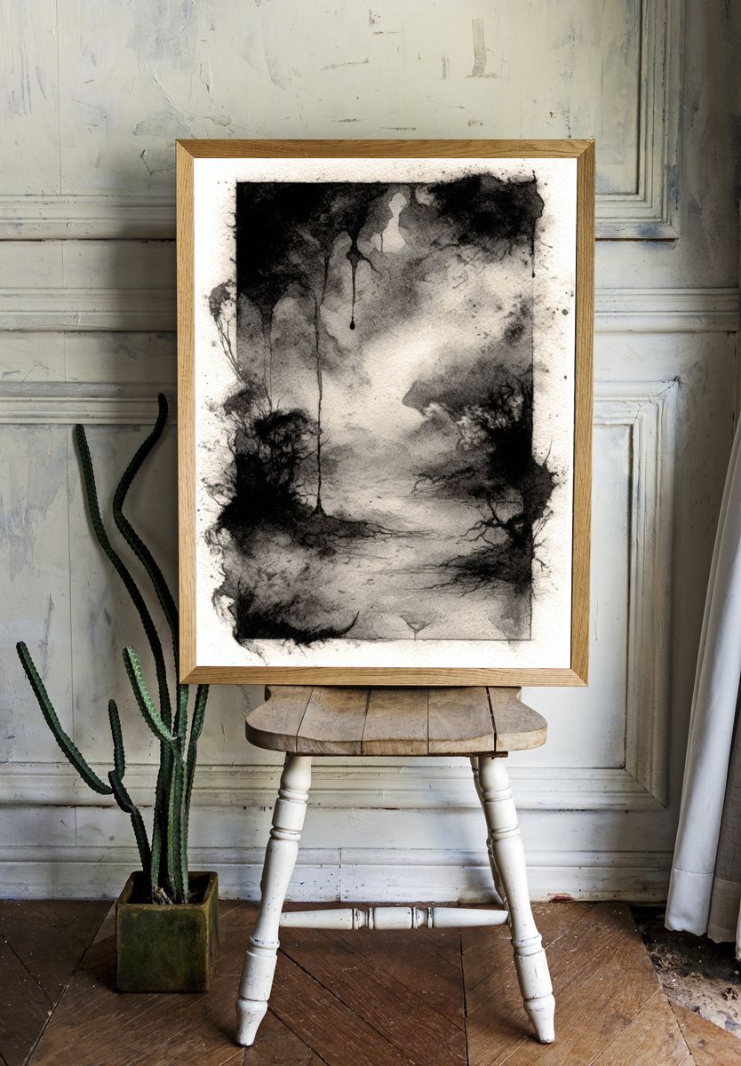 Monochrome Ink Wash Abstract Poster. room preview