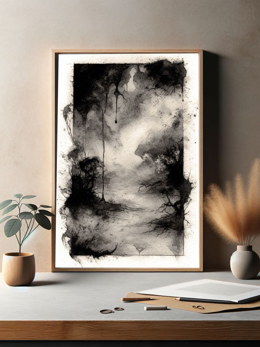 Monochrome Ink Wash Abstract Poster. — room view 2