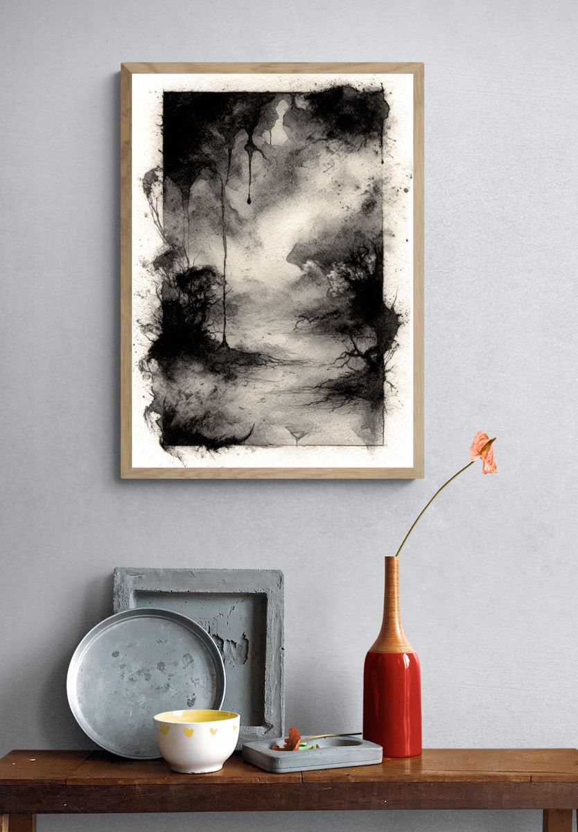Monochrome Ink Wash Abstract Poster. — room view 3