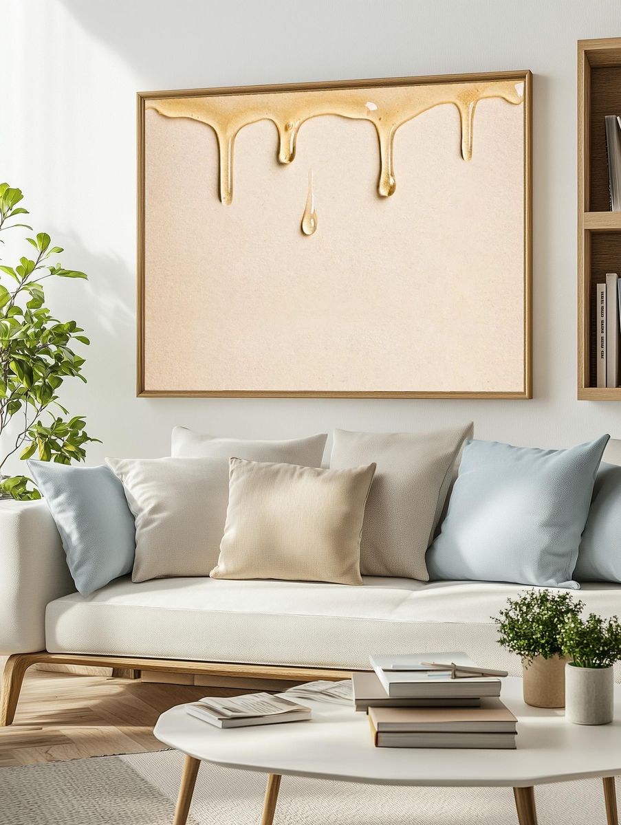 Beige background wallpaper dripping oil. — room view 2