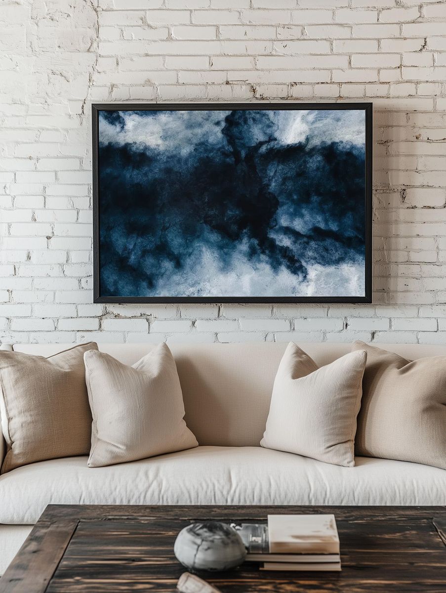 Abstract Blue and White Watercolor Poster. — room view 1