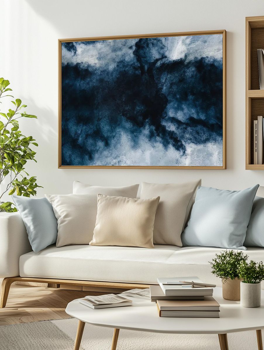 Abstract Blue and White Watercolor Poster. — room view 2