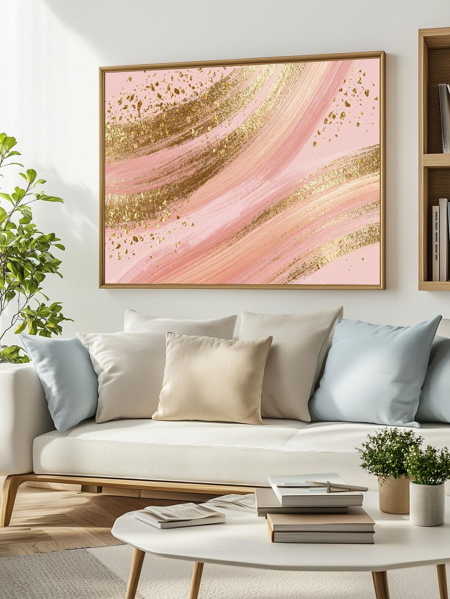 Pink Gold Brushstroke Abstract Poster. — room view 2