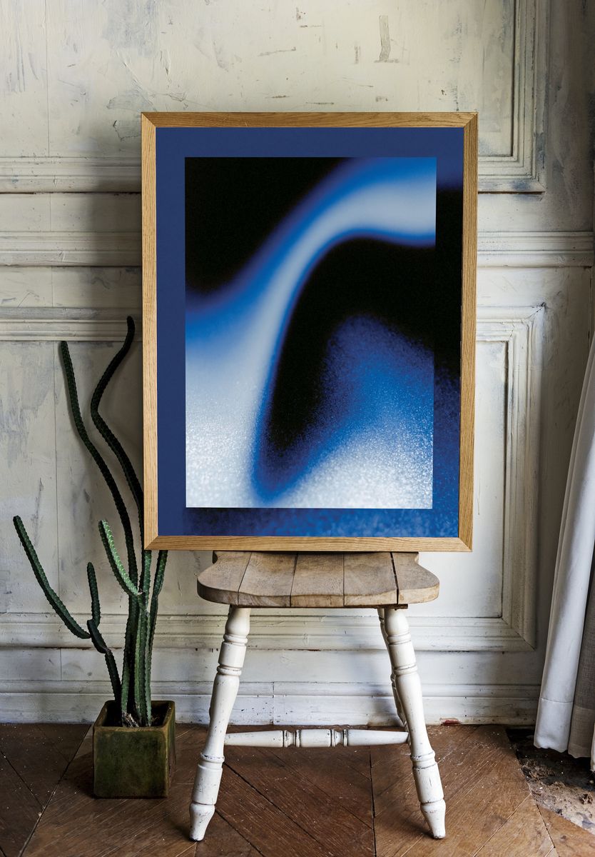 Blue Neon Wave Abstract Print. room preview