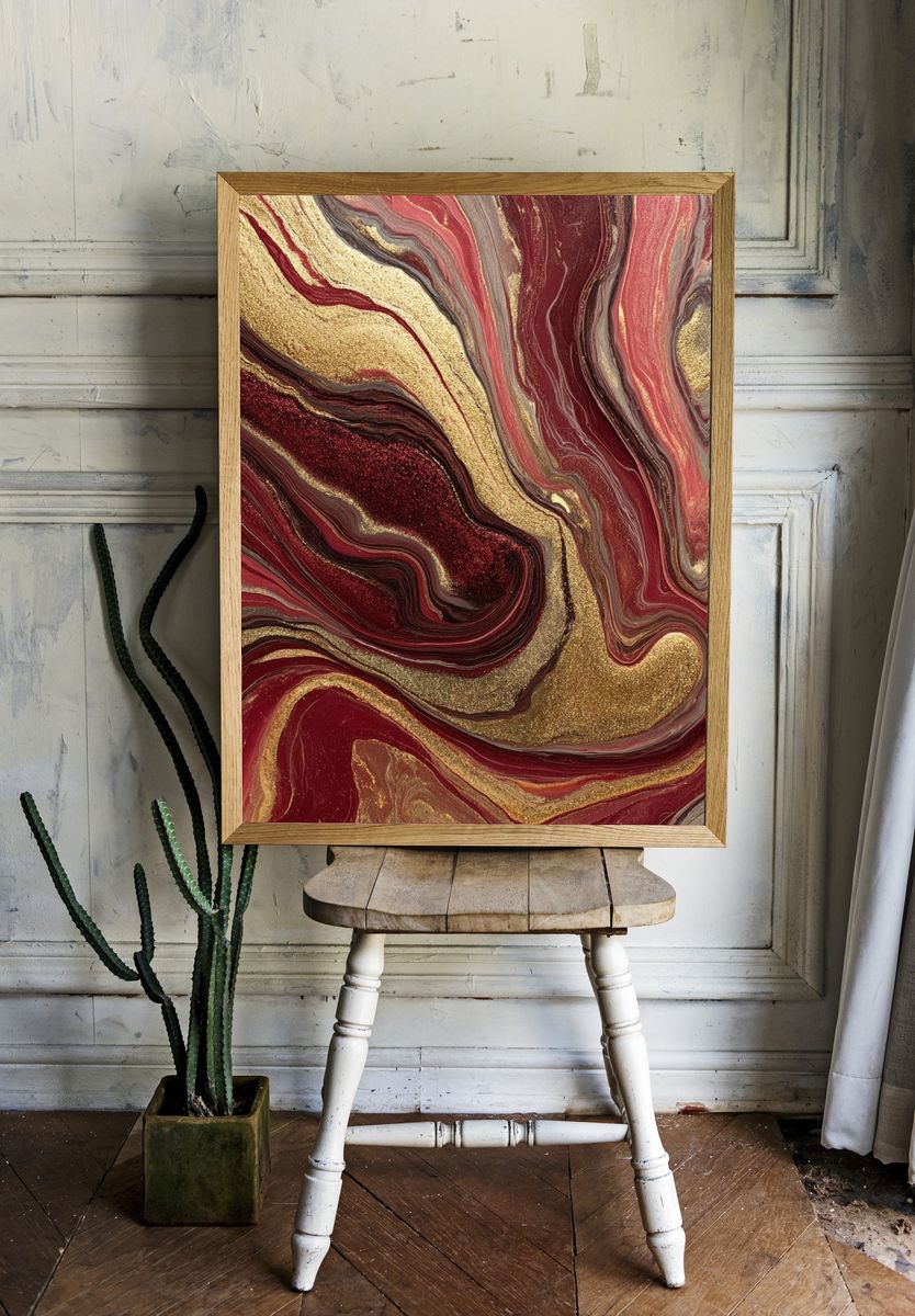 Crimson Gold Marbled Abstract Poster. — room view 1