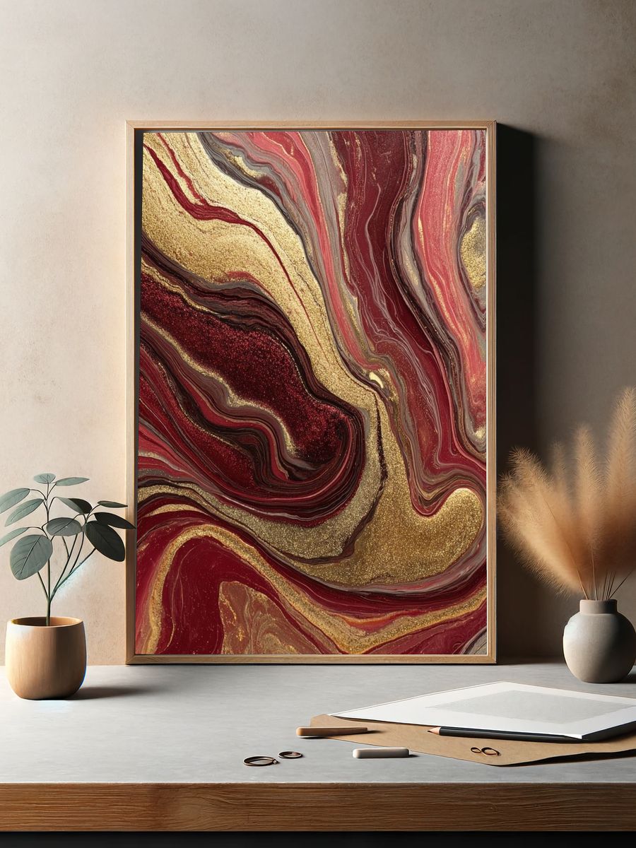 Crimson Gold Marbled Abstract Poster. — room view 2