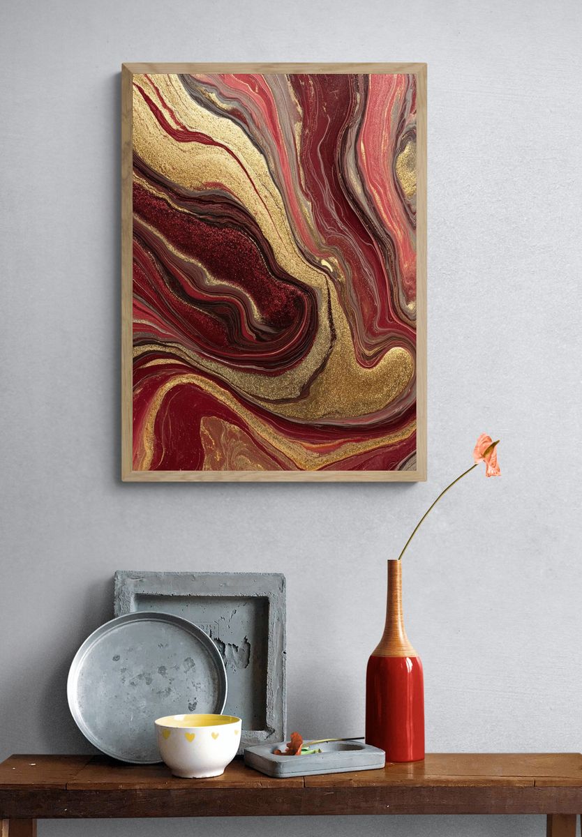 Crimson Gold Marbled Abstract Poster. — room view 3