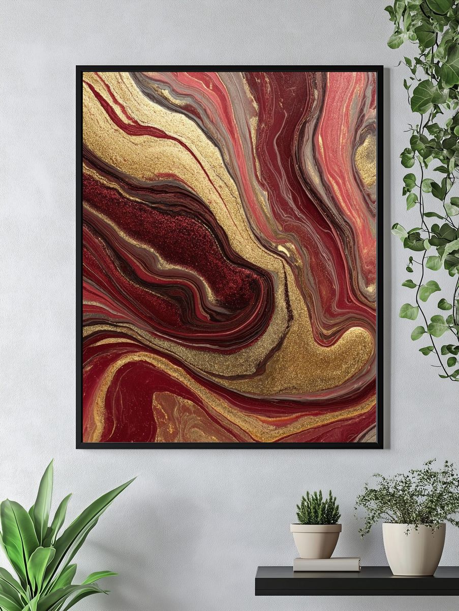 Crimson Gold Marbled Abstract Poster. — room view 4