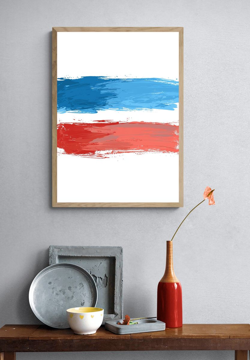 Blue and Red Brushstroke Abstract Poster. — room view 3