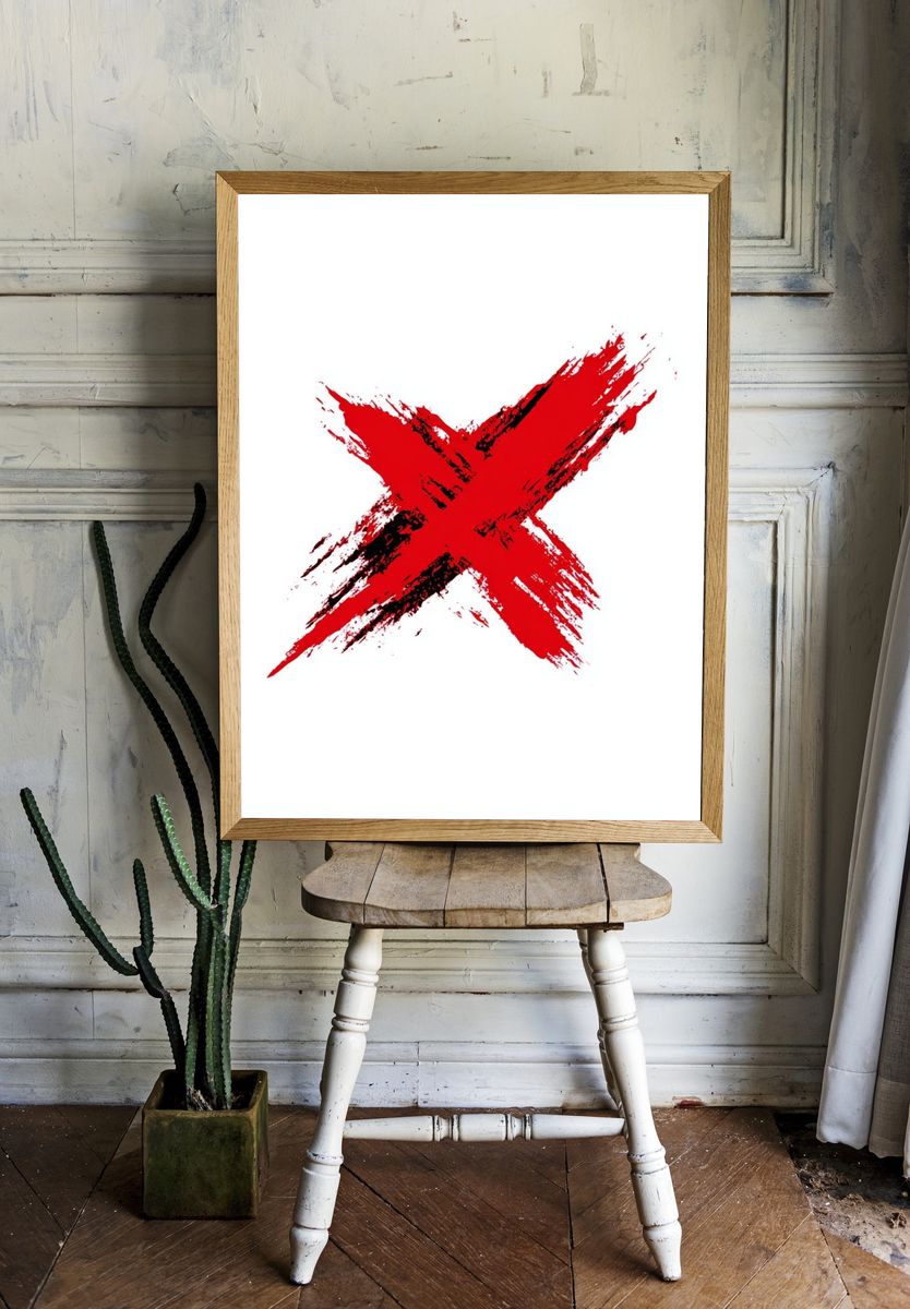 Red Brushstroke X — Abstract Poster. — room view 1