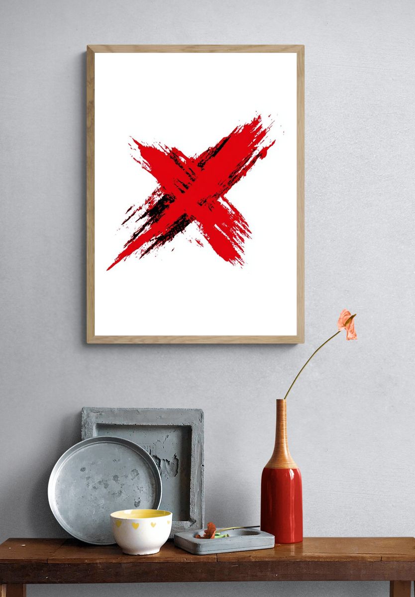 Red Brushstroke X — Abstract Poster. — room view 3