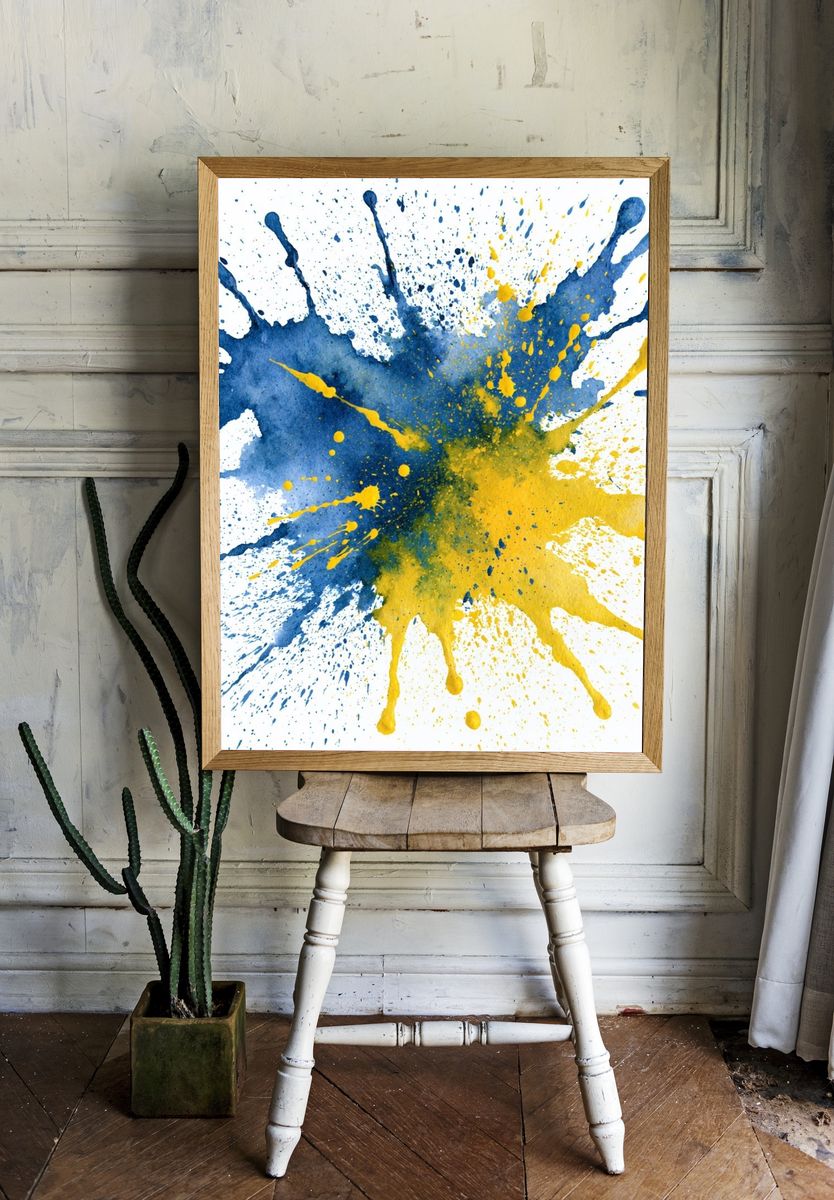 Blue and Yellow Splash Abstract Poster. room preview